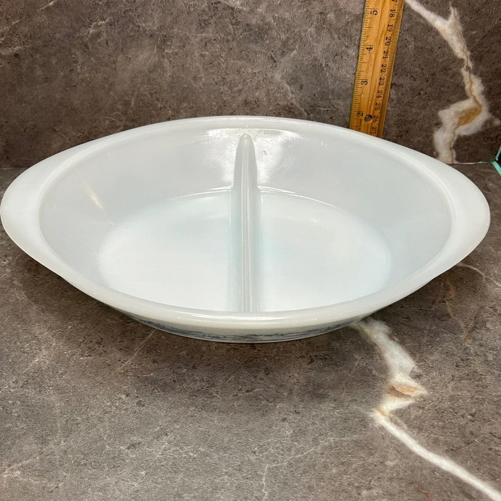 Glasbake Currier & Ives Blue Sleigh Milk Glass Divided Serving Dish Oval Cozy